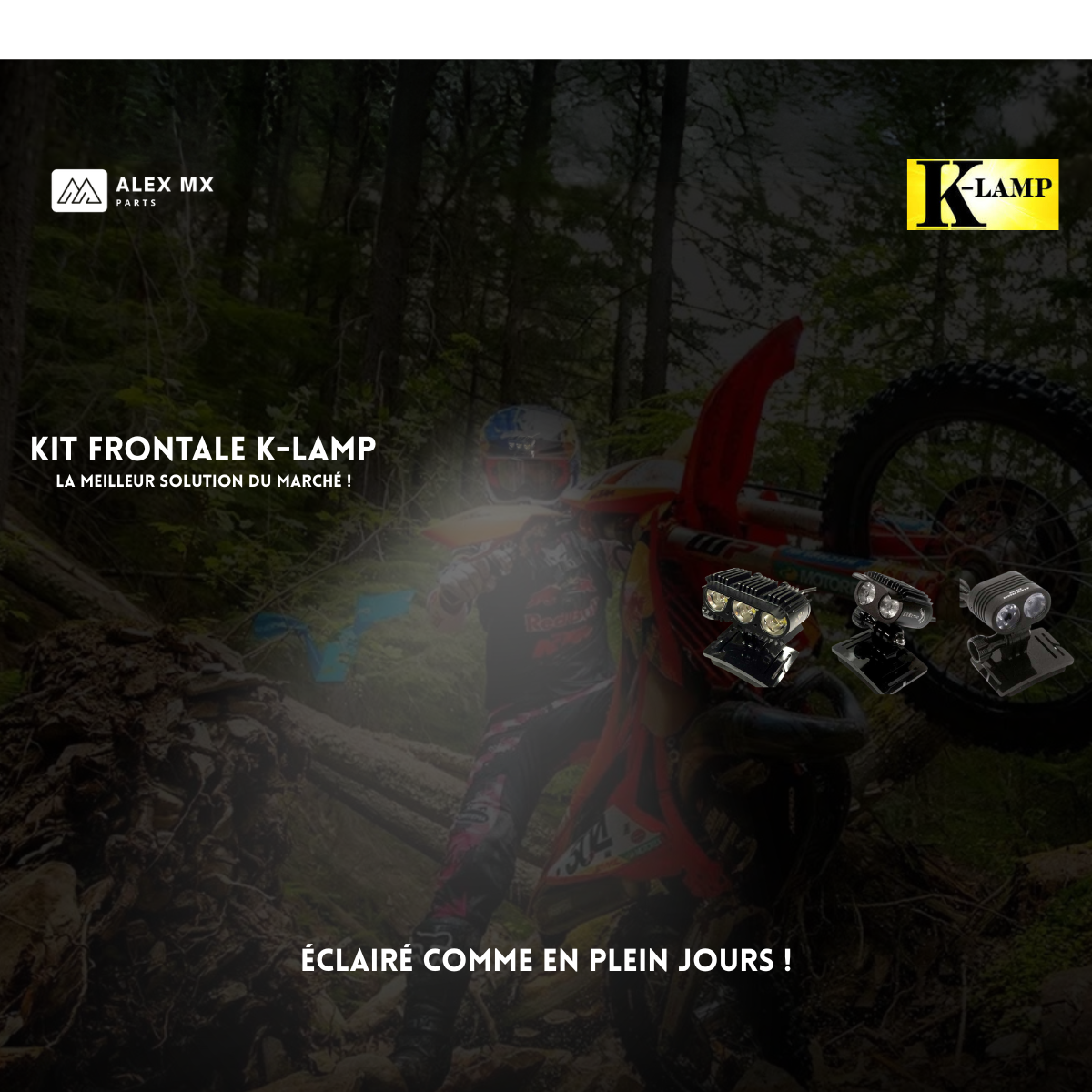 Collection lampes frontales K-Lamp 1600 2400 3400 lumens pour éclairage casque moto enduro nocturne