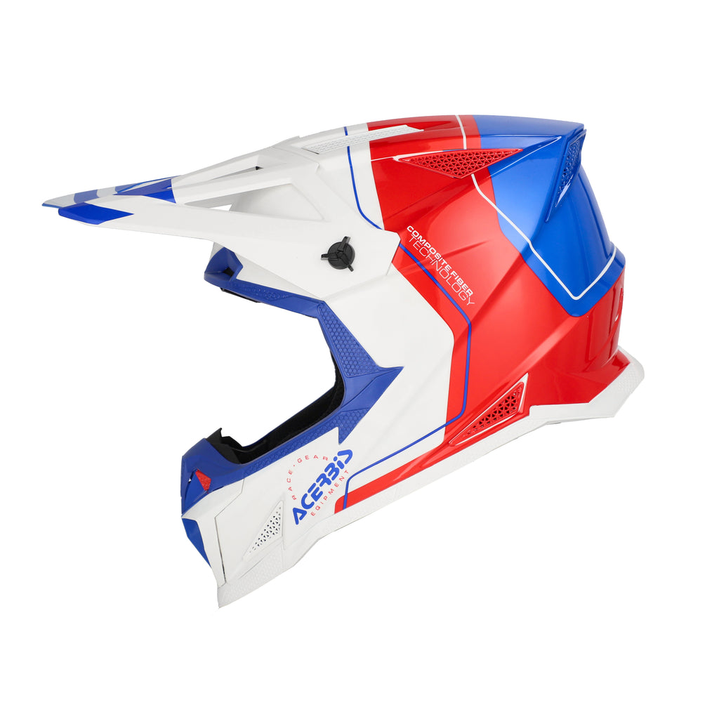 Casque Acerbis T711 blanc/bleu/rouge cross enduro fibre - trois-quarts avant