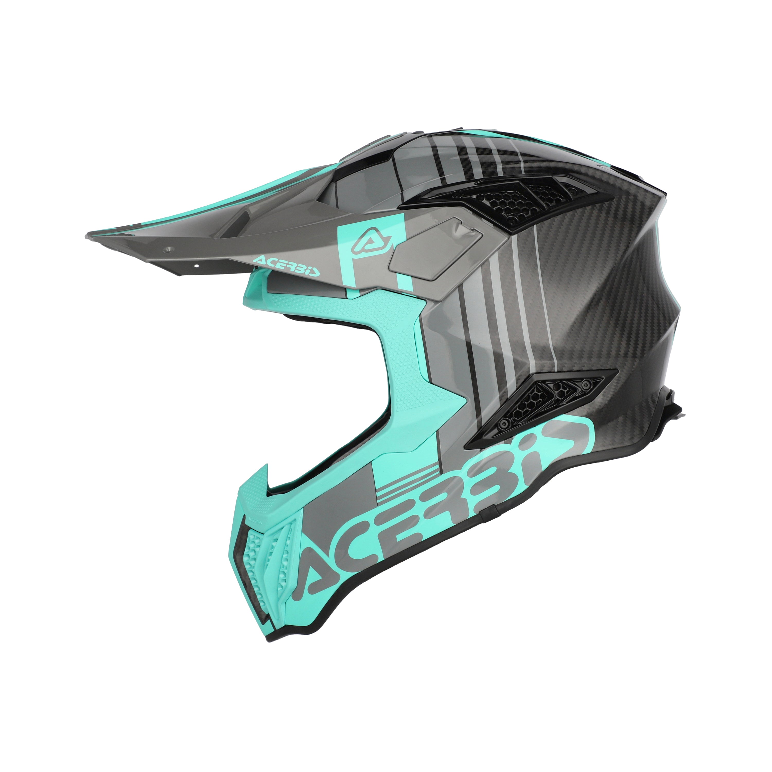 Casque Acerbis Airstrike-C turquoise cross enduro carbone - trois-quarts avant