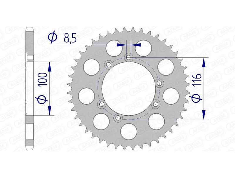 Couronne AFAM aluminium standard 44 dents pas 520 réf. 93303-44 entraxe 100 mm GasGas trial - plan coté