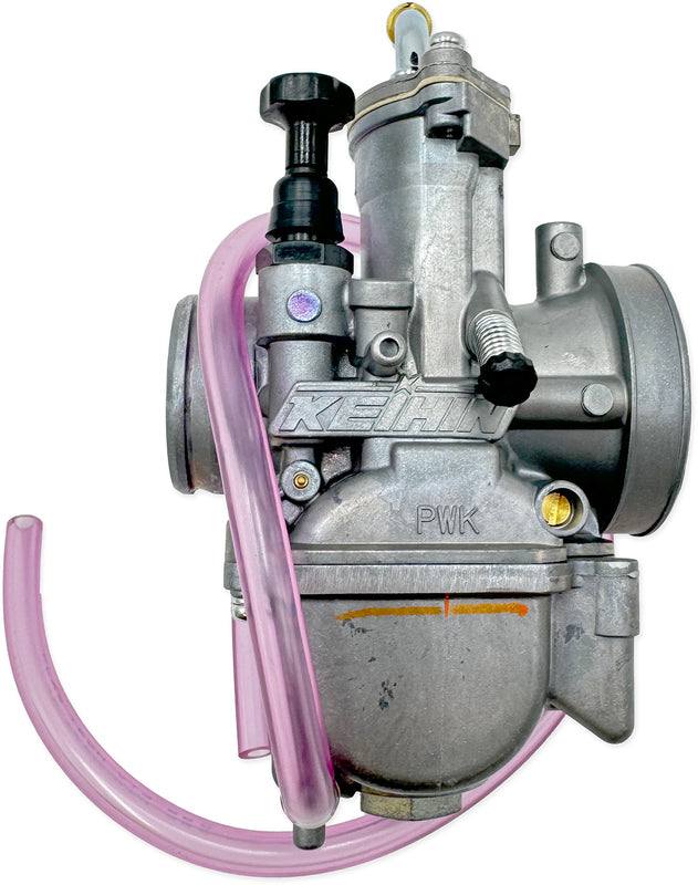Carburateur Keihin PWK28 réf. 1000-28S-A00 côté vis de ralenti à gauche moto 2 temps - vue de profil