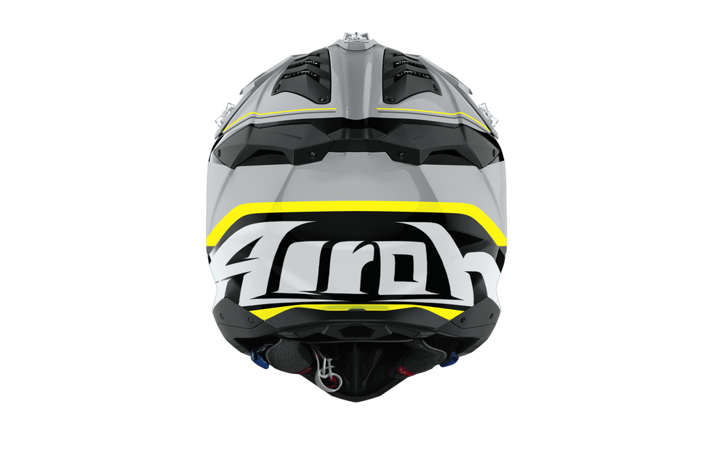 Casque Airoh Aviator 3 gris jaune vue arrière casque motocross enduro ventilation carbone haute performance