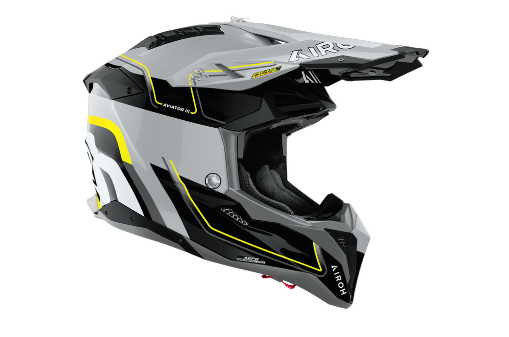 Casque Airoh Aviator 3 gris jaune carbone motocross enduro vue profil droit léger homologation ECE 22.06