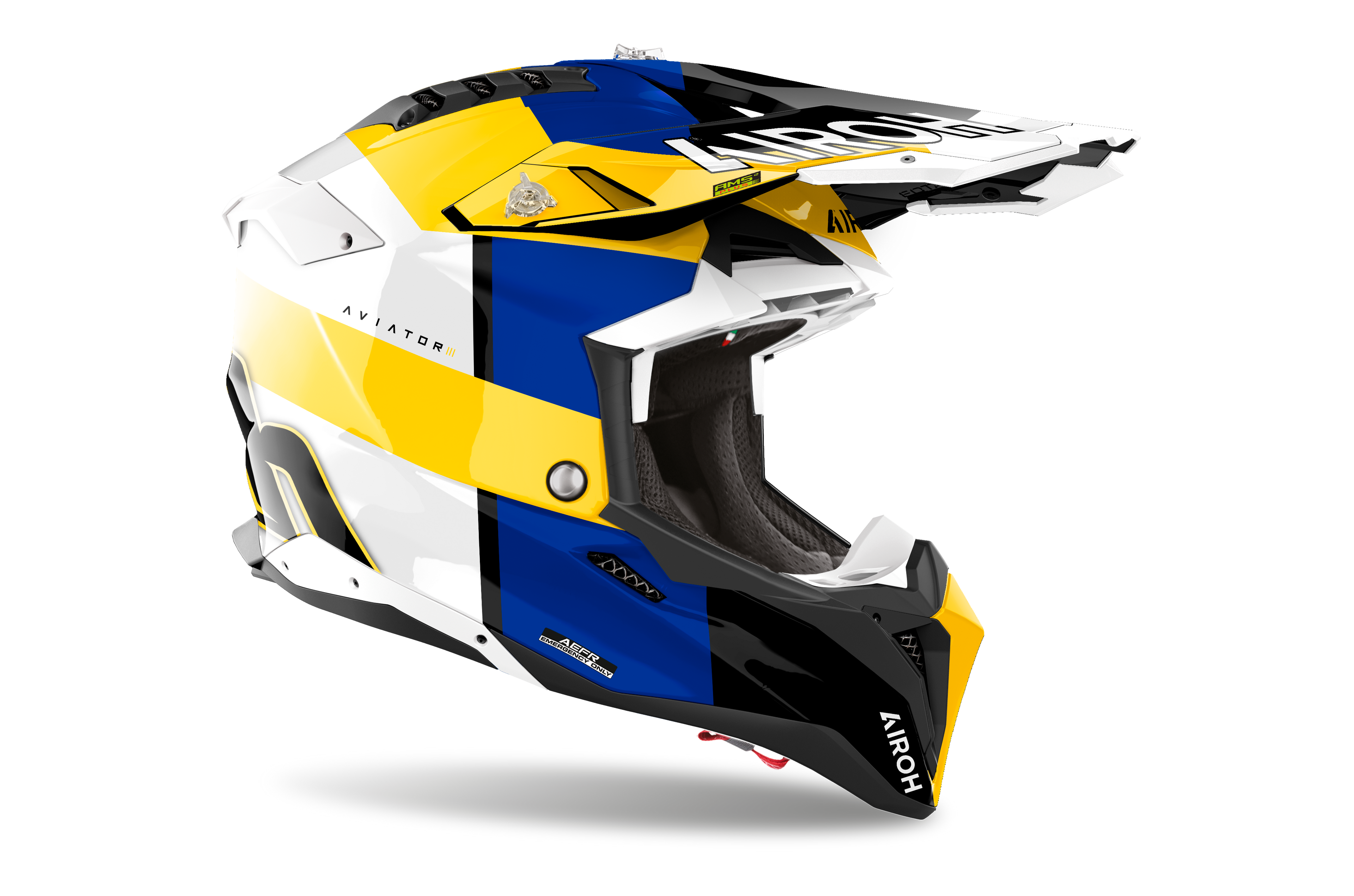 Casque Airoh Aviator 3 bleu jaune carbone motocross enduro vue profil droit léger homologation ECE 22.06