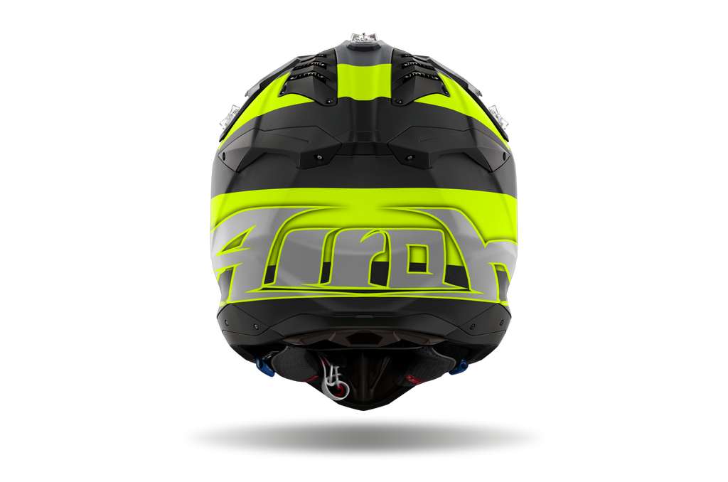 Casque Airoh Aviator 3 noir jaune vue arrière casque motocross enduro ventilation haute performance