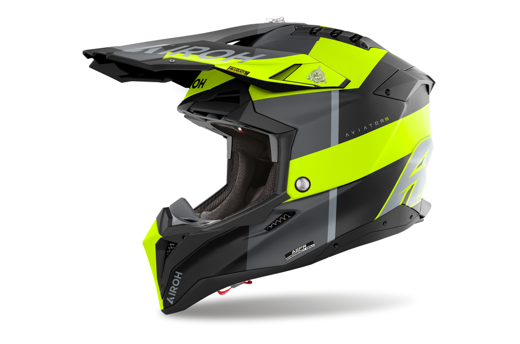 Casque Airoh Aviator 3 noir jaune casque cross haut de gamme vue profil gauche design racing agressif