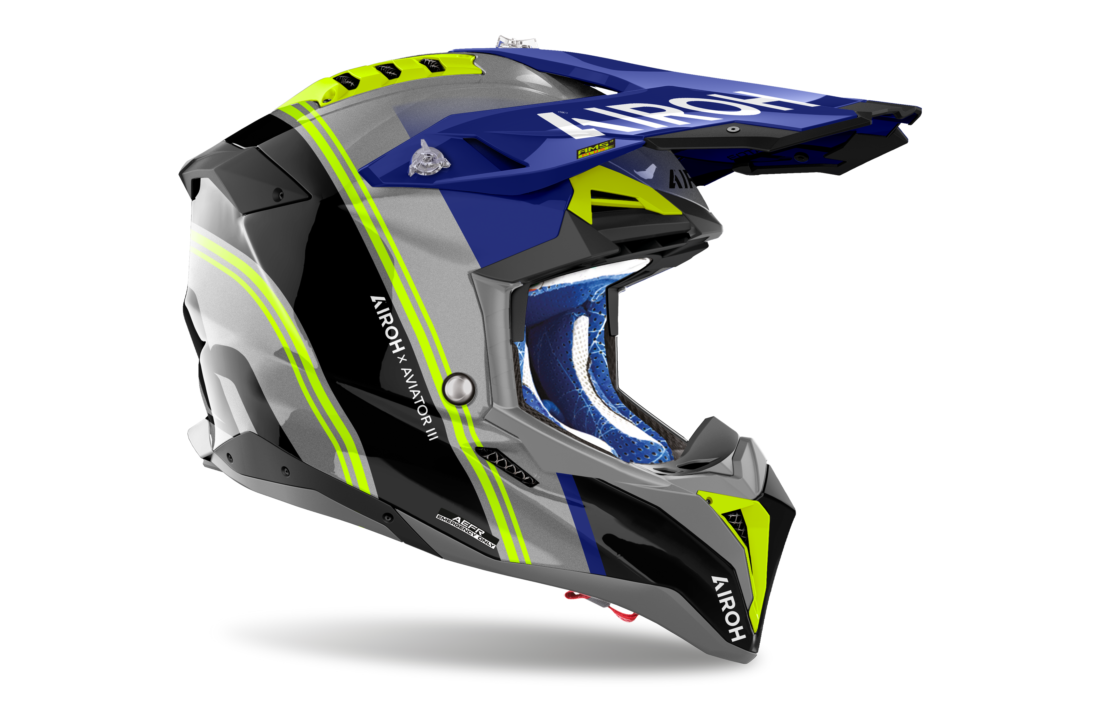 Casque Airoh Aviator 3 bleu gris carbone motocross enduro vue profil droit léger homologation ECE 22.06
