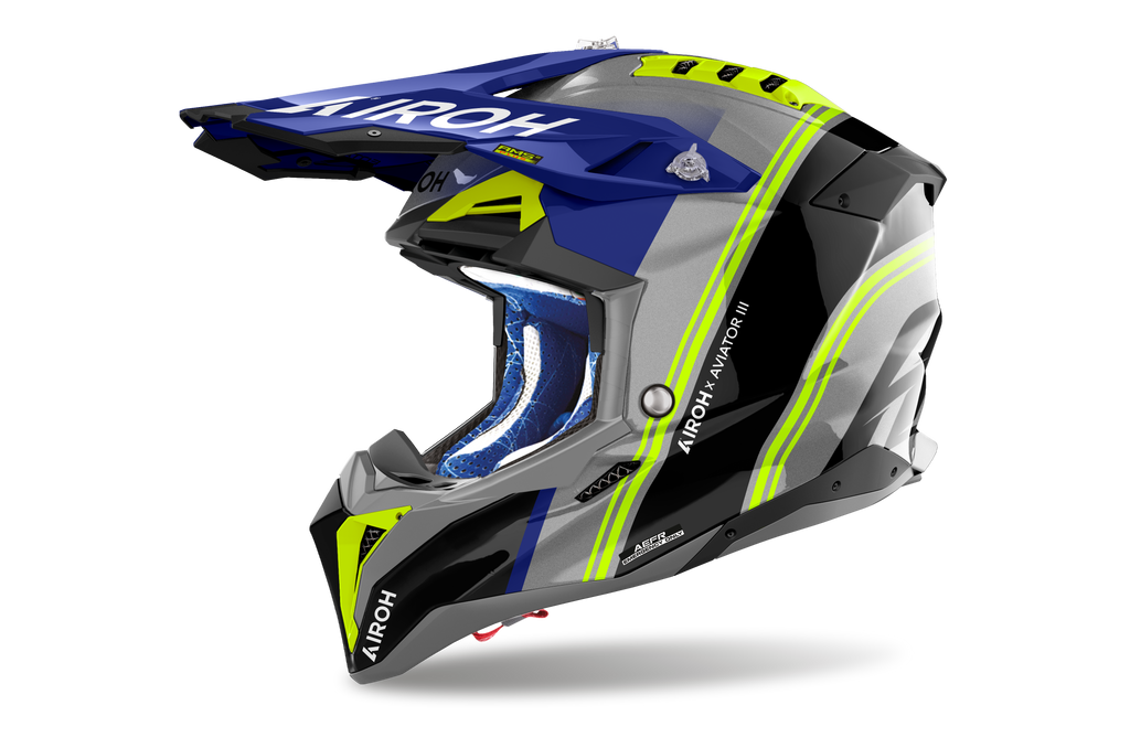 Casque Airoh Aviator 3 bleu gris casque cross carbone haut de gamme vue profil gauche design sobre racing