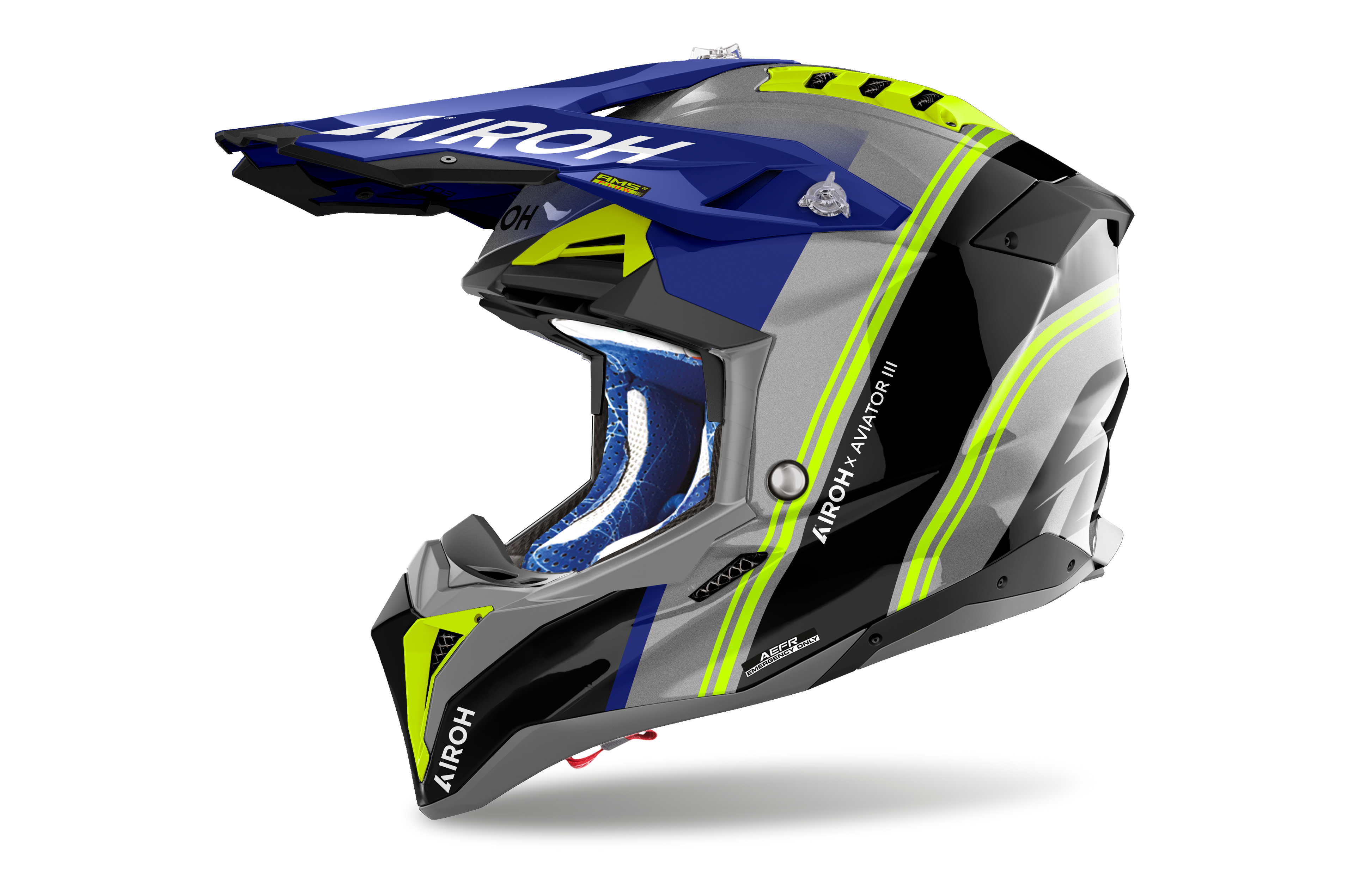 Casque Airoh Aviator 3 bleu gris casque cross carbone haut de gamme vue profil gauche design sobre racing