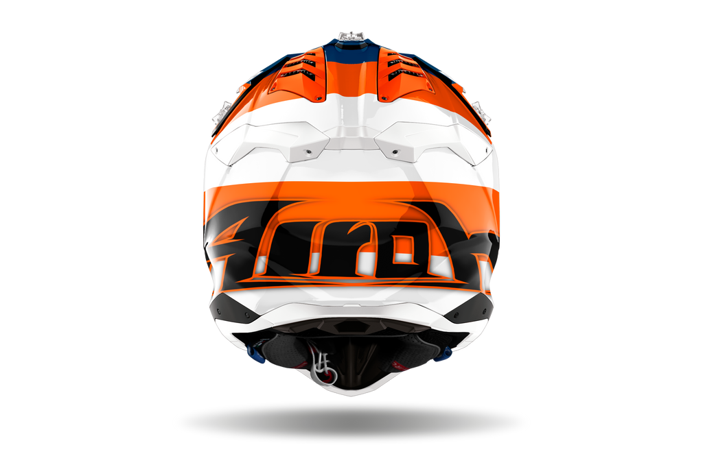 Casque Airoh Aviator 3 orange bleu vue arrière casque motocross enduro ventilation haute performance