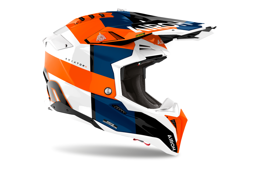 Casque Airoh Aviator 3 orange bleu motocross enduro vue profil droit léger homologation ECE 22.06