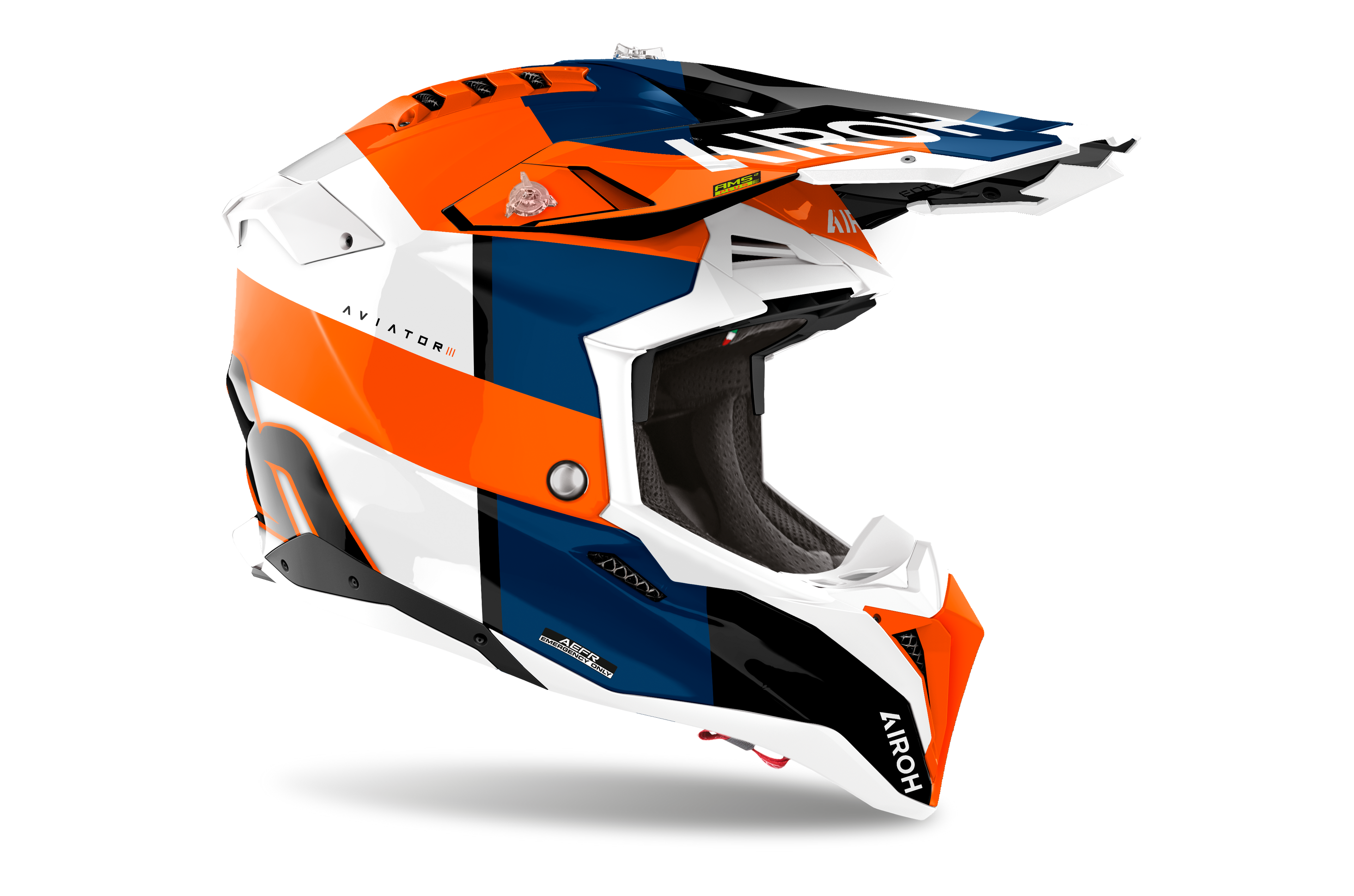Casque Airoh Aviator 3 orange bleu motocross enduro vue profil droit léger homologation ECE 22.06