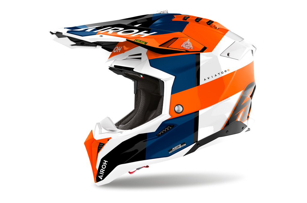 Casque Airoh Aviator 3 orange bleu casque cross haut de gamme vue profil gauche design racing dynamique