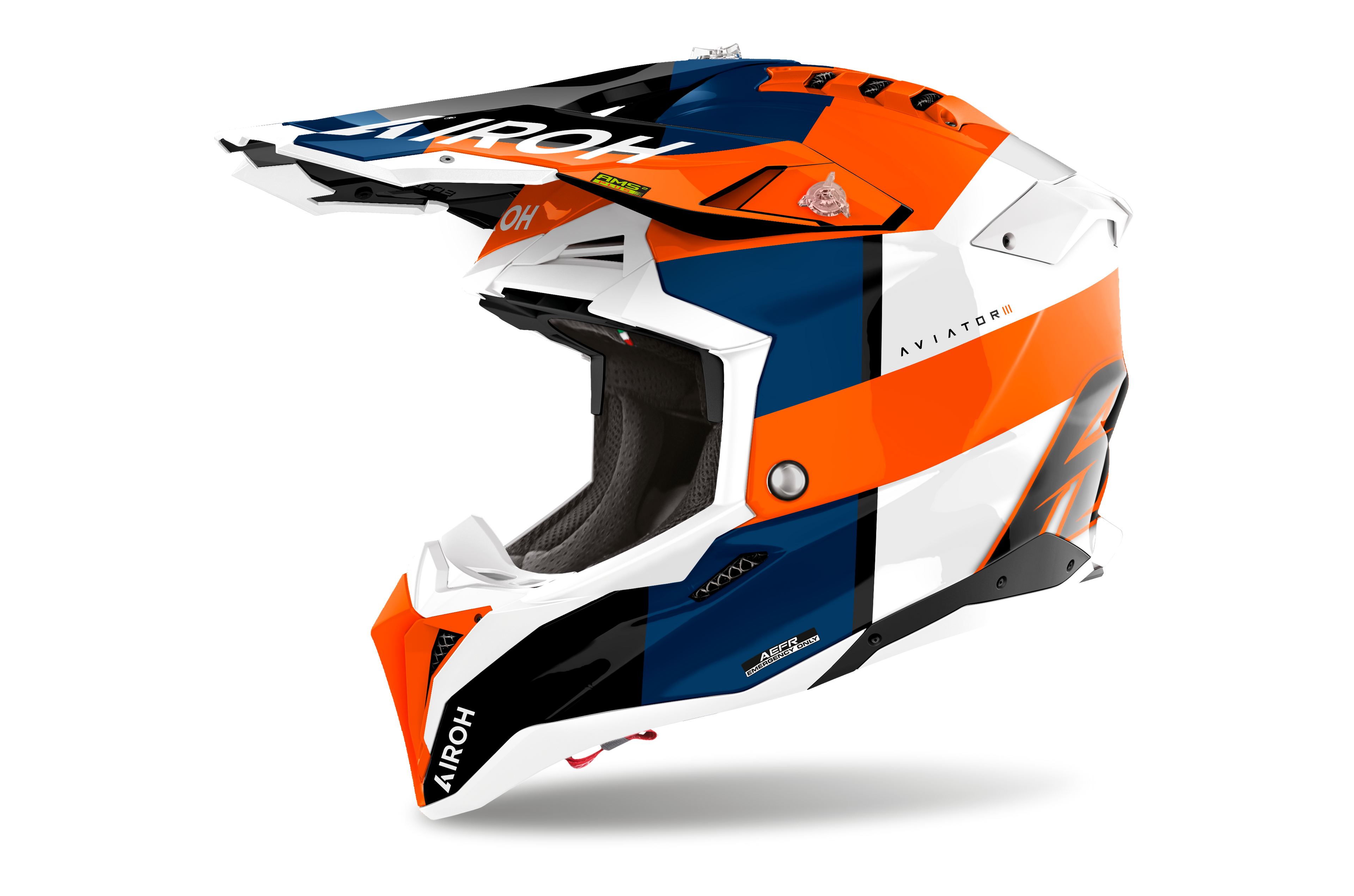 Casque Airoh Aviator 3 orange bleu casque cross haut de gamme vue profil gauche design racing dynamique