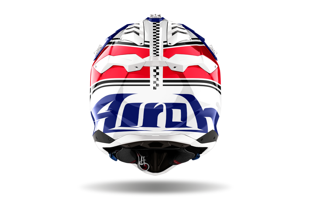 Casque Airoh Aviator 3 blanc rouge bleu vue arrière casque motocross enduro ventilation haute performance