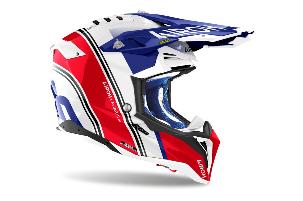 Casque Airoh Aviator 3 blanc rouge bleu motocross enduro vue profil droit léger homologation ECE 22.06