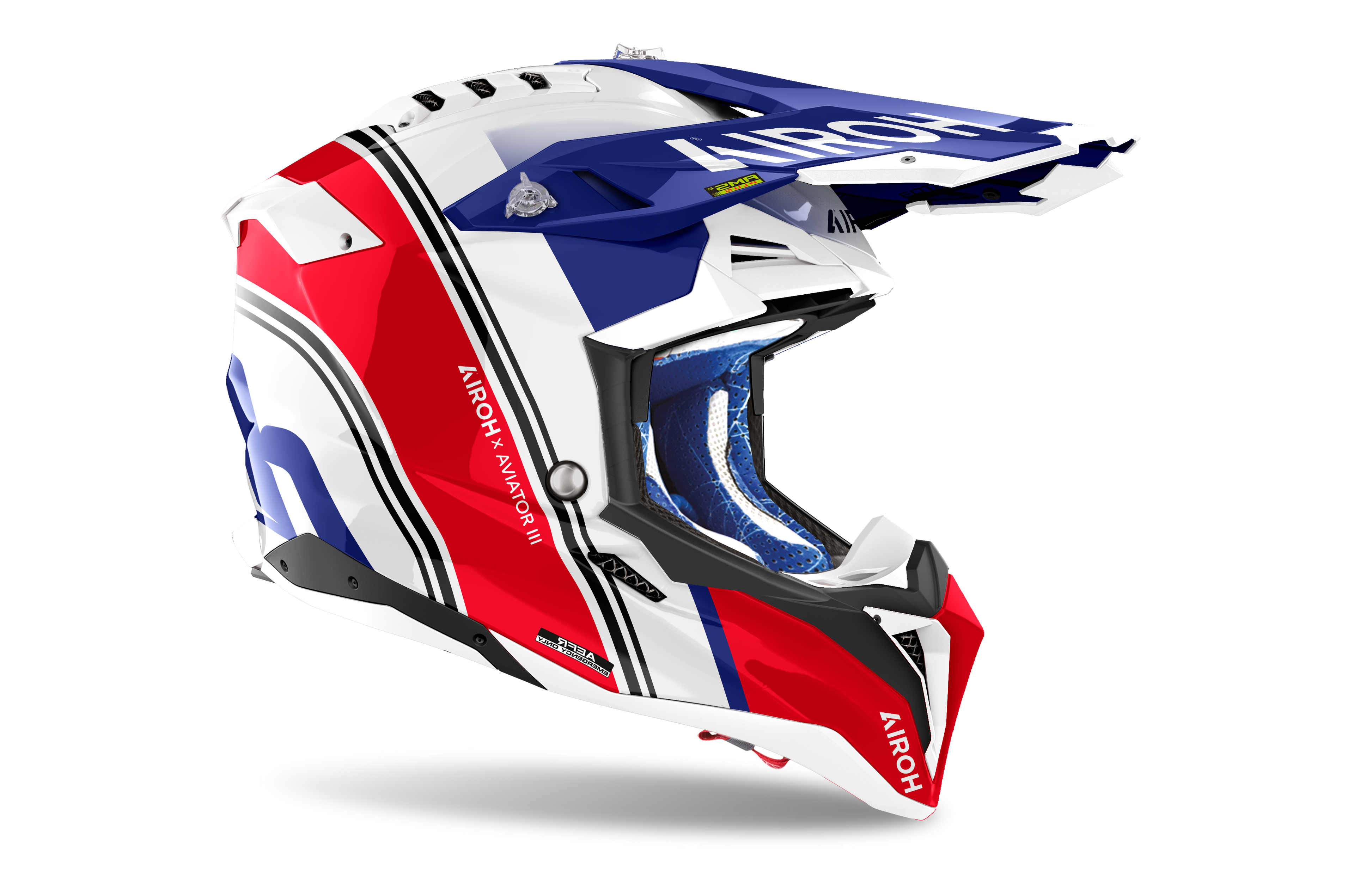 Casque Airoh Aviator 3 blanc rouge bleu motocross enduro vue profil droit léger homologation ECE 22.06