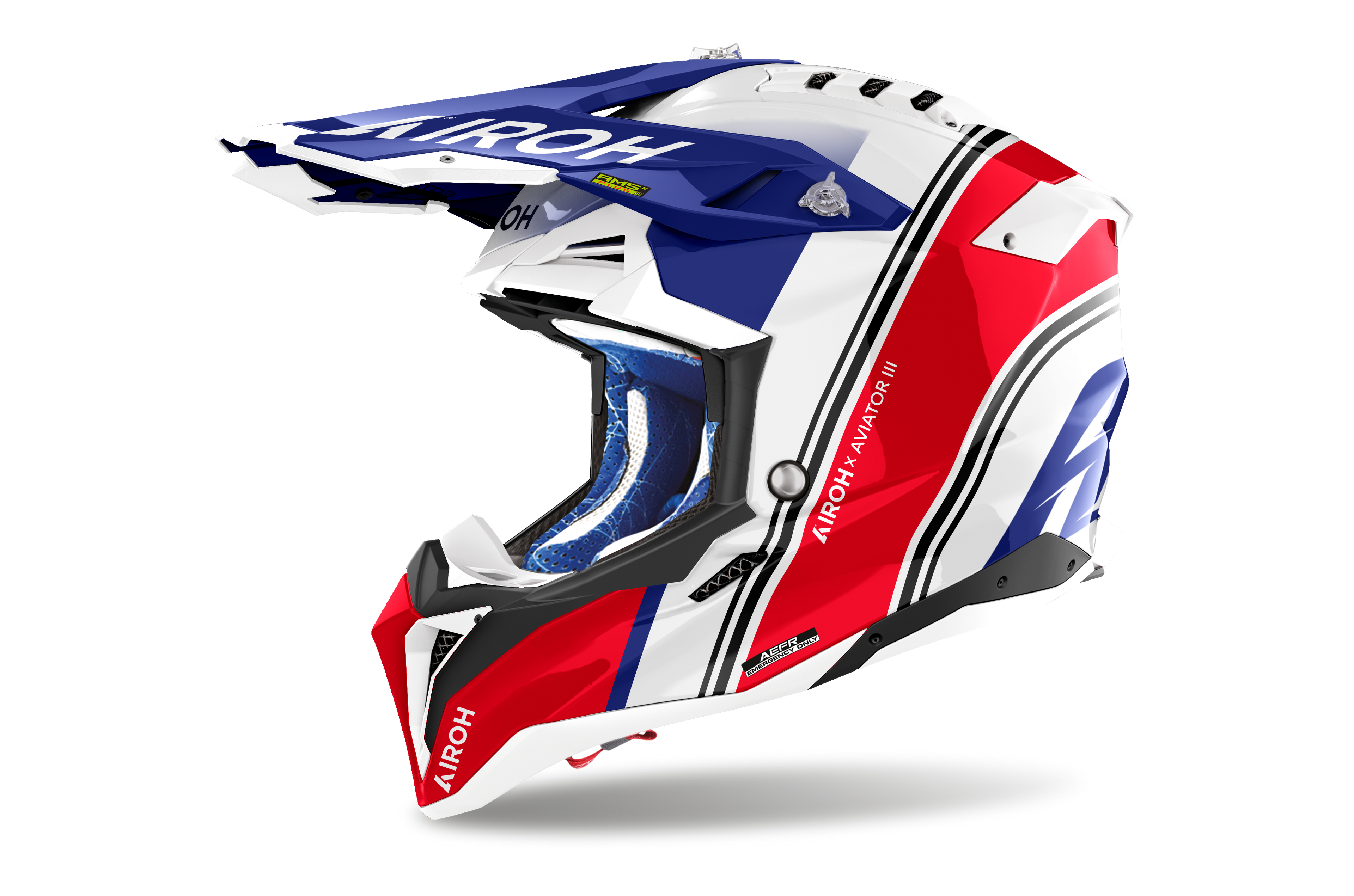Casque Airoh Aviator 3 blanc rouge bleu casque cross haut de gamme vue profil gauche design racing