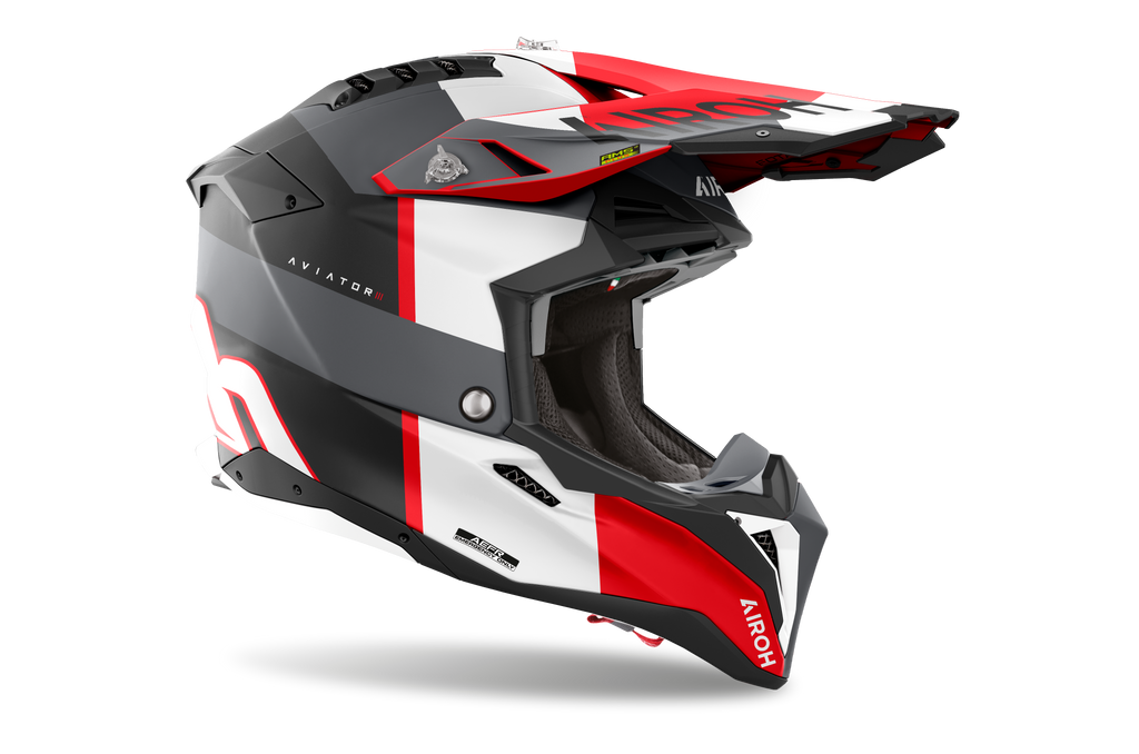 Casque Airoh Aviator 3 rouge blanc carbone motocross enduro vue profil droit léger homologué ECE 22.06