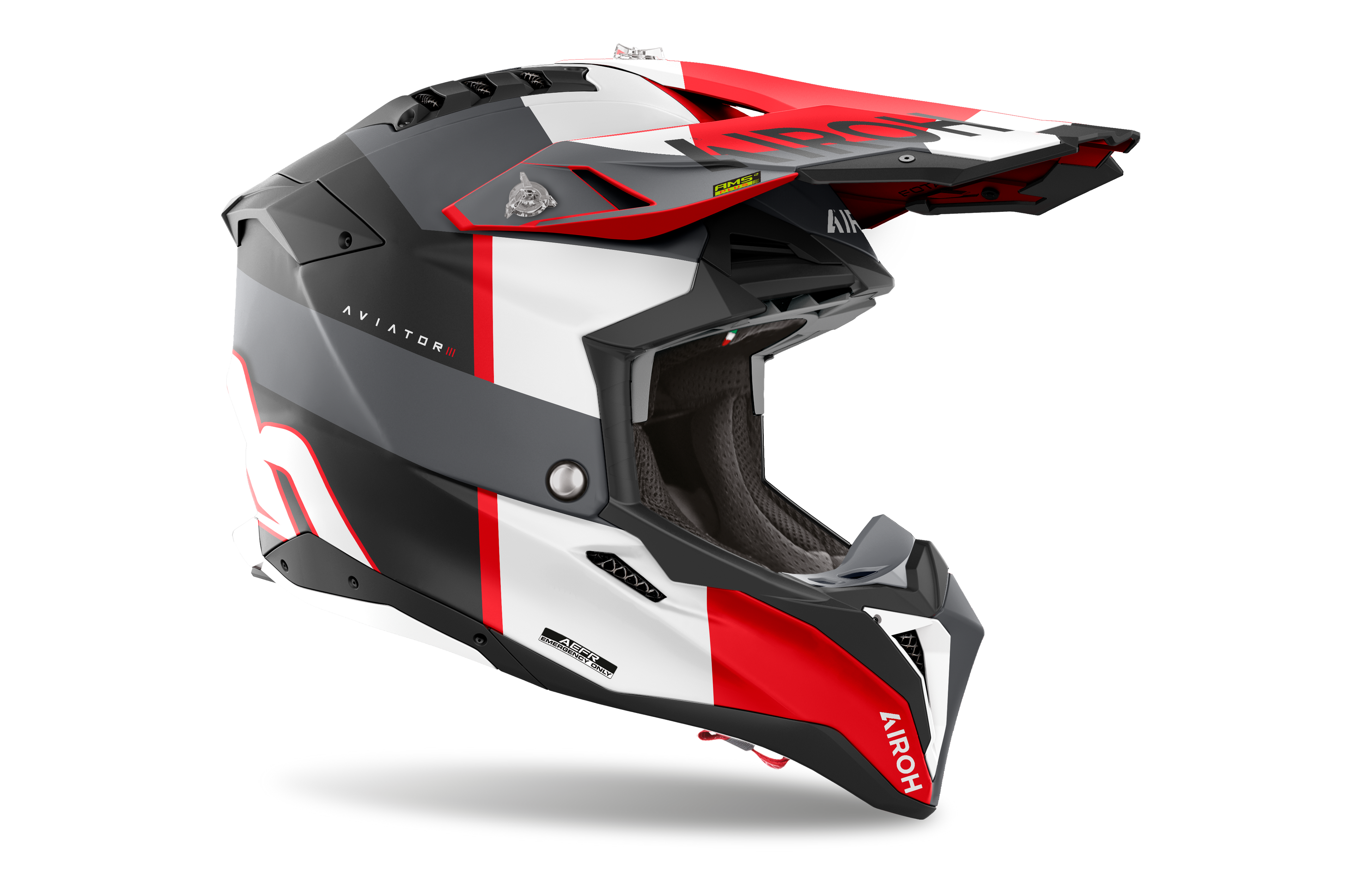 Casque Airoh Aviator 3 rouge blanc carbone motocross enduro vue profil droit léger homologué ECE 22.06