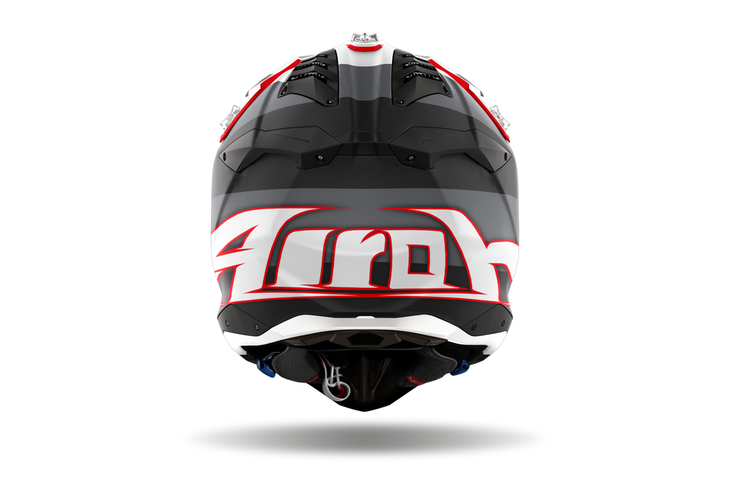 Casque Airoh Aviator 3 rouge blanc vue arrière casque motocross enduro ventilation racing carbone