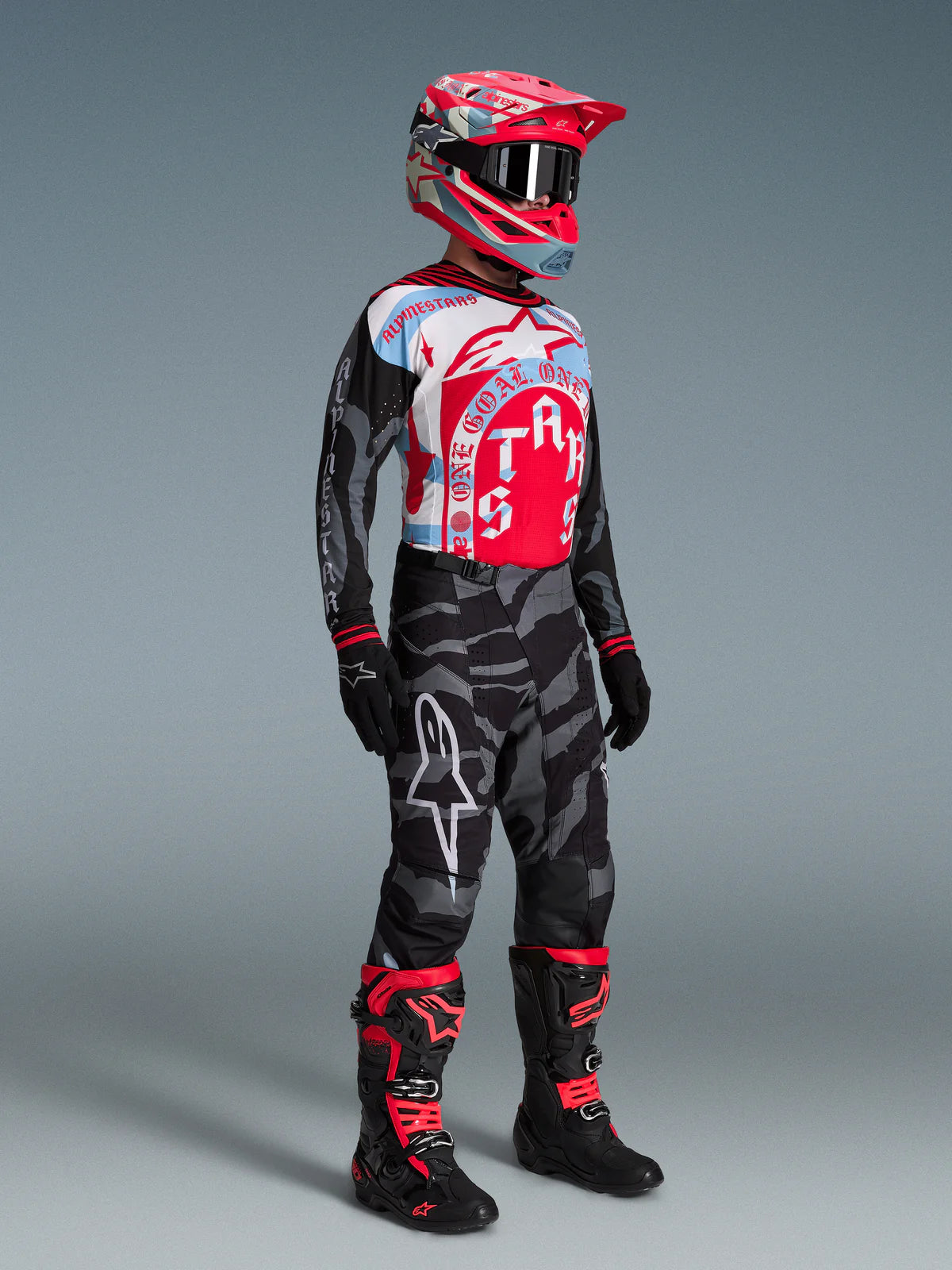 Tenue complète motocross Alpinestars Beast Coast Collection édition limitée comprenant maillot et pantalon pour enduro, cross et off-road, design racing premium haute performance de coté
