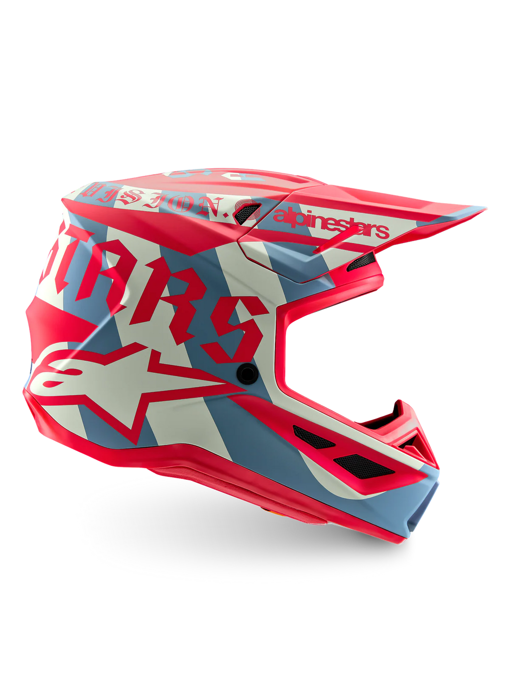 casque motocross Alpinestars Supertech M7 Beast Coast édition limitée pour cross et enduro, casque off-road ultra léger avec protection maximale, ventilation avancée et confort premium de coté gauche