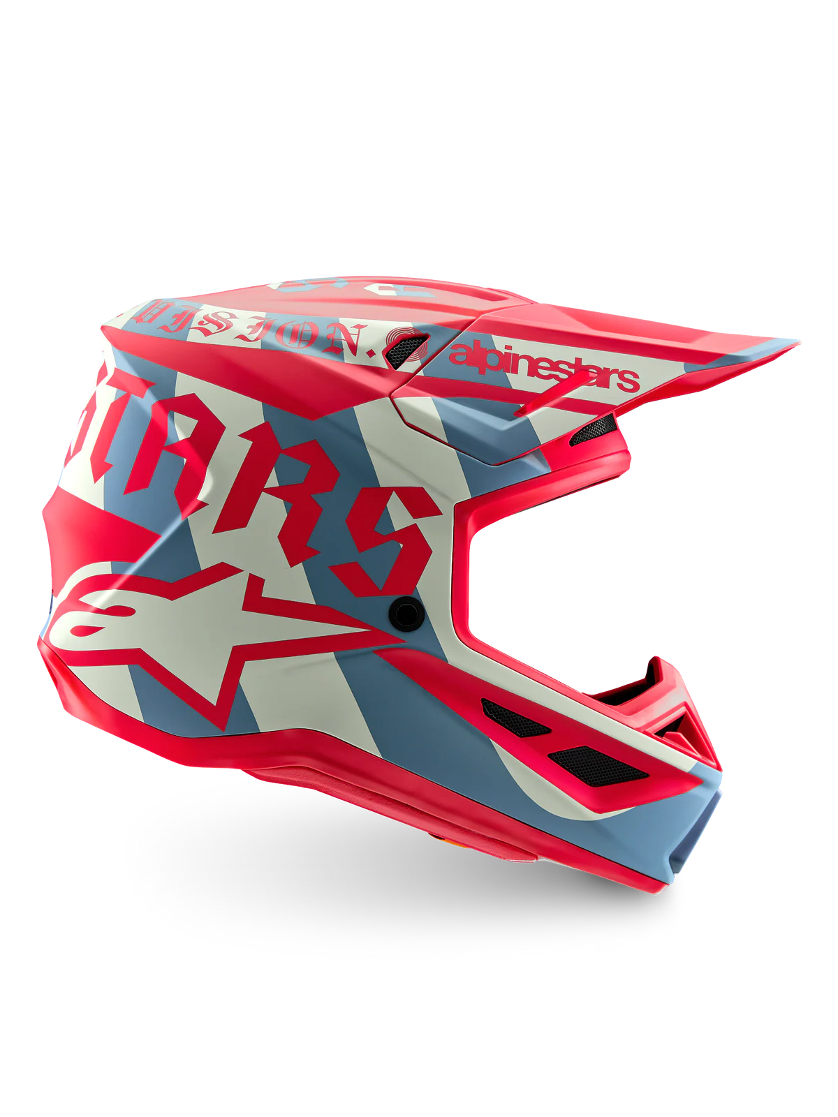 casque motocross Alpinestars Supertech M7 Beast Coast édition limitée pour cross et enduro, casque off-road ultra léger avec protection maximale, ventilation avancée et confort premium de coté gauche