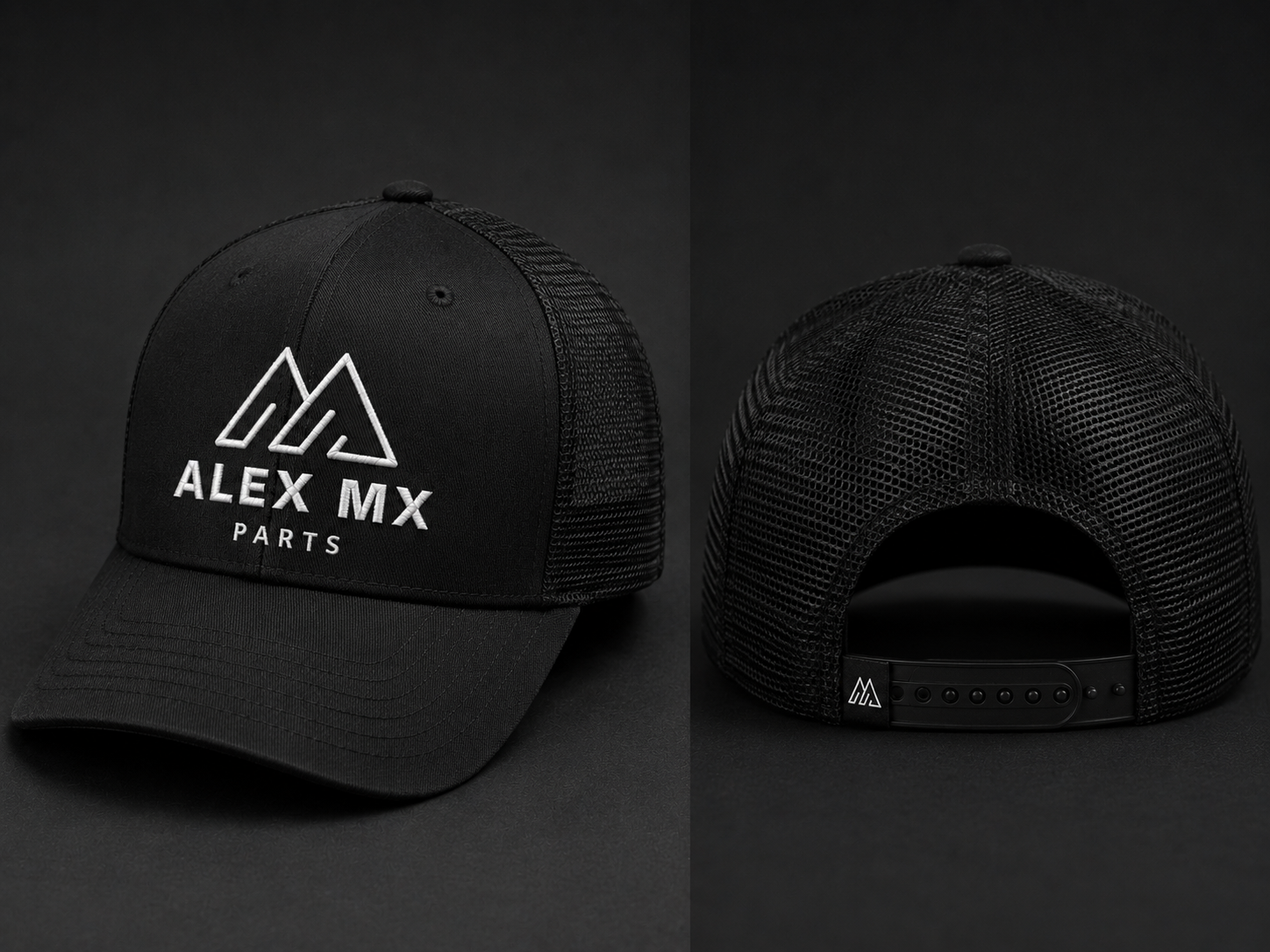 Casquette trucker Alex MX Parts noire avec logo brodé blanc 3D - vues avant et arrière