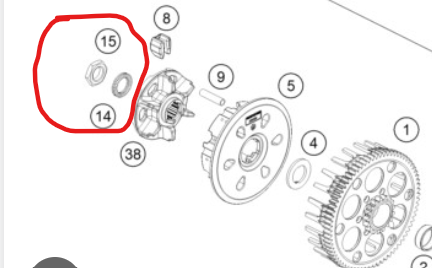 Écrou et rondelle de noix d'embrayage KTM Husqvarna GasGas références 0252012002900 et 0936181506