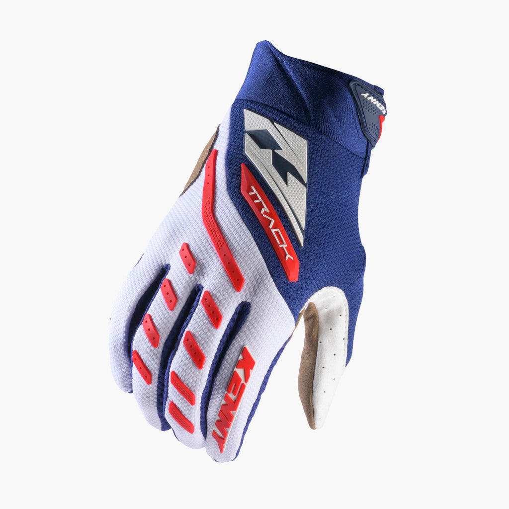 Gants Kenny Track 2027 blanc et marine à ajouter à la tenue Blast Patriot - option motocross enduro