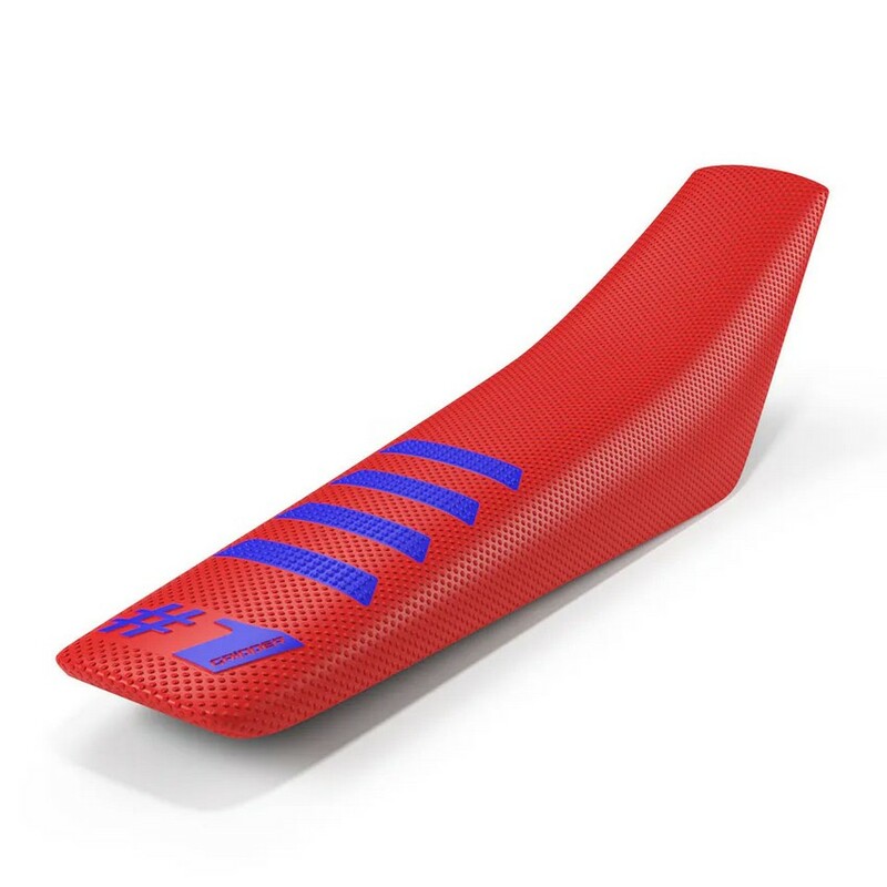 Housse de selle universelle ONE Ribbed Gripper rouge bande bleue antidérapante pour moto motocross et enduro – seat cover universel grip haute adhérence