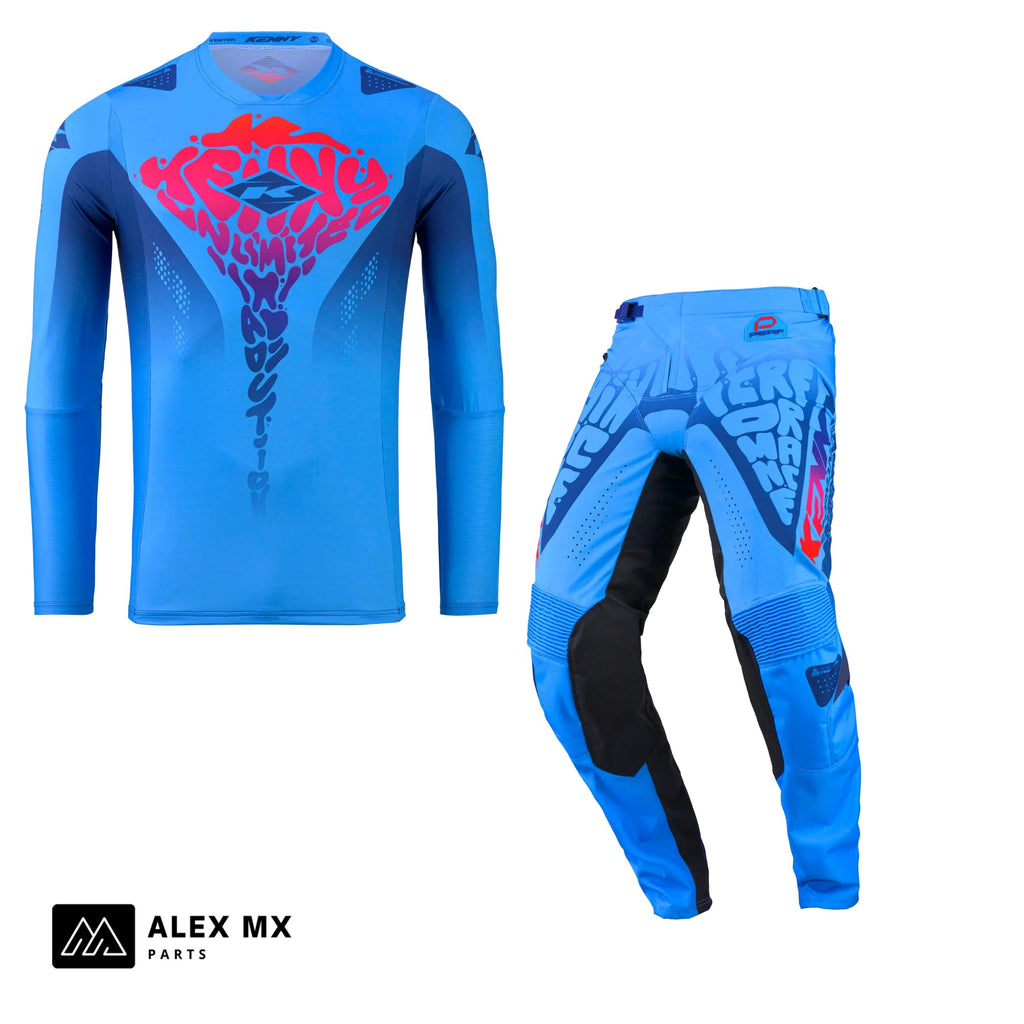 Tenue motocross Kenny Performance 2027 Comics Blue : maillot et pantalon cross enduro bleu