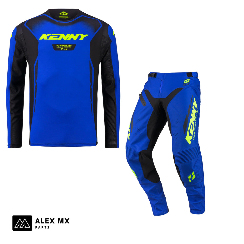 Tenue complète motocross Kenny Titanium 2027 bleue : maillot et pantalon cross enduro assortis