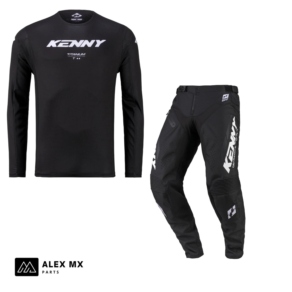 Tenue complète motocross Kenny Titanium 2027 noire : maillot et pantalon cross enduro assortis