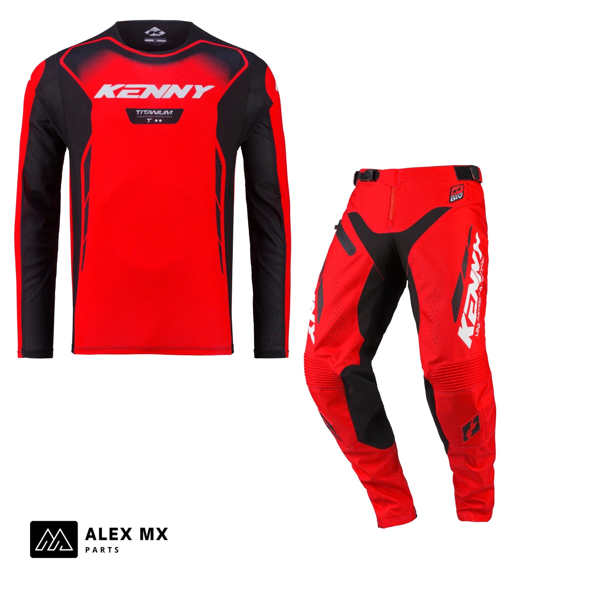 Tenue complète motocross Kenny Titanium 2027 rouge : maillot et pantalon cross enduro assortis