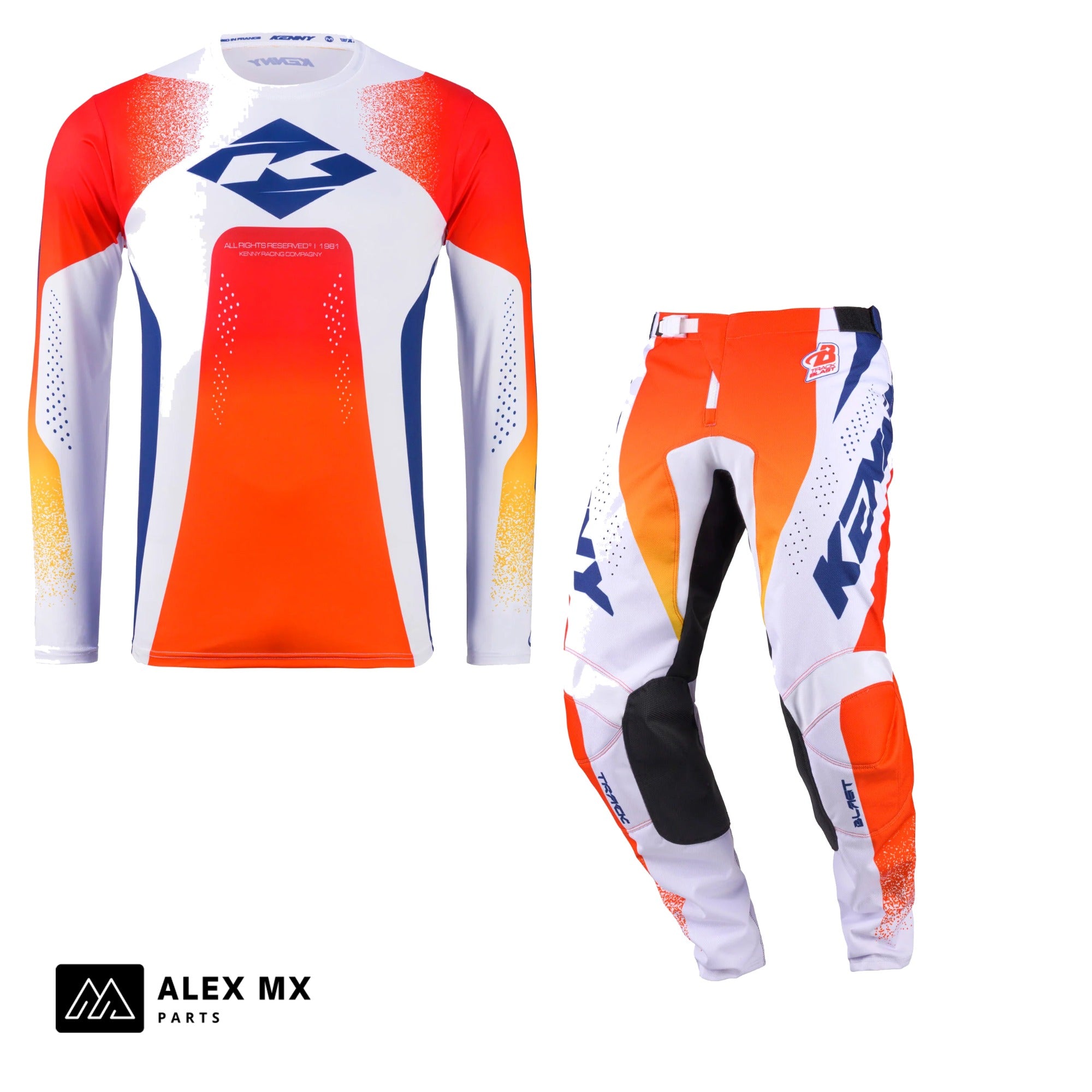 Tenue complète motocross Kenny Track Focus 2027 Blast Orange White : maillot et pantalon cross enduro