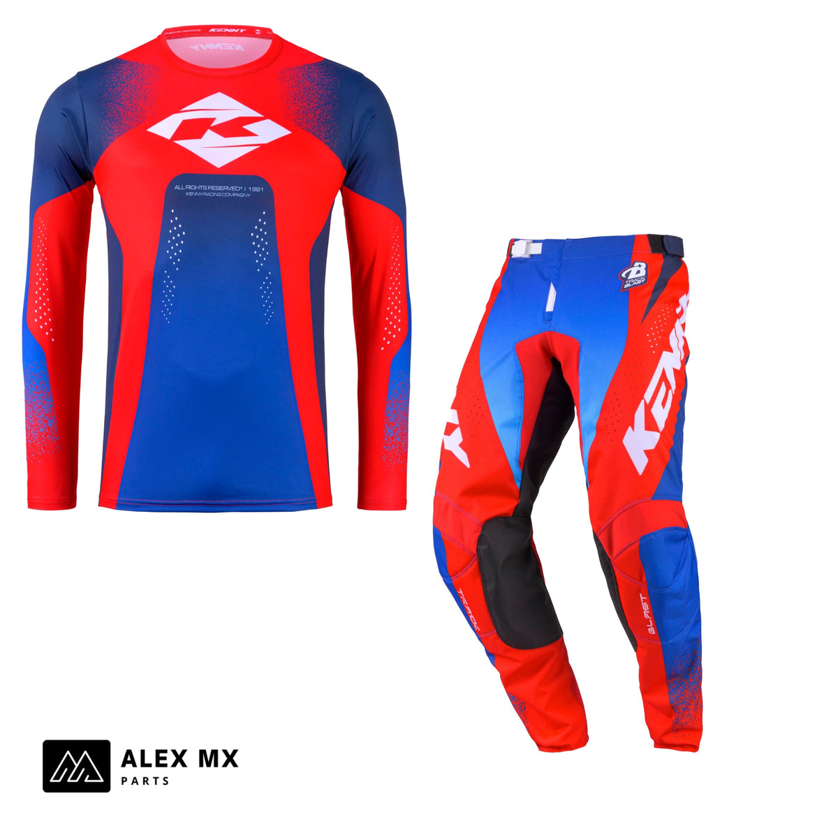 Tenue complète motocross Kenny Track Focus 2027 Blast Patriot : maillot et pantalon cross enduro