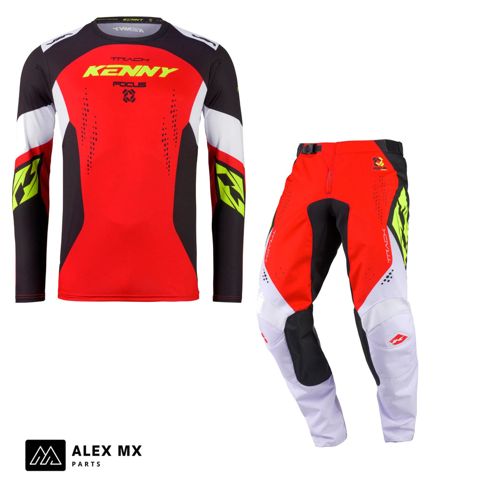 Tenue complète motocross Kenny Track Focus 2027 Focus Red Neon : maillot et pantalon cross enduro