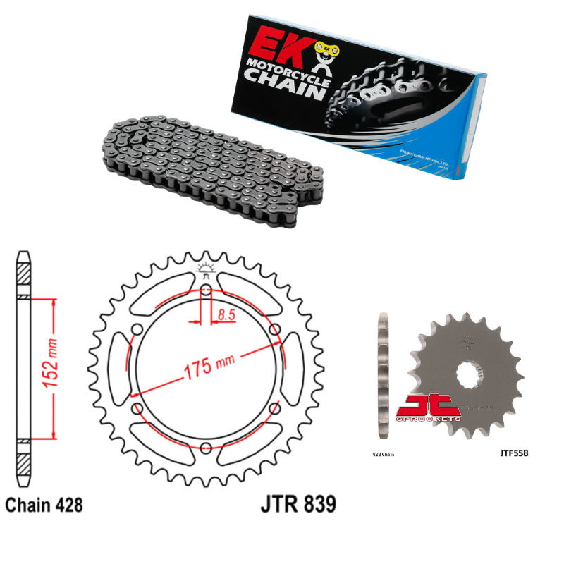 Kit chaîne EK Racing renforcé avec pignon et couronne JT Sprockets pour Yamaha DTR 125 de 1990 à 2006