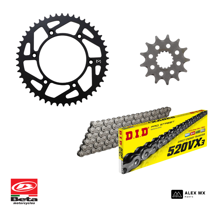 kit chaîne Beta RR, X-Trainer et RX 2010 à 2027 avec chaîne DID VX3, pignon Supersprox et couronne Moose Racing pour enduro et motocross haute performance