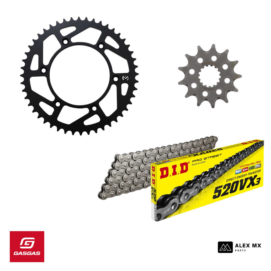 kit chaîne GasGas EC 250 et 300 2021 à 2027 avec chaîne DID VX3, pignon Supersprox et couronne Moose Racing pour enduro et hard enduro haute performance