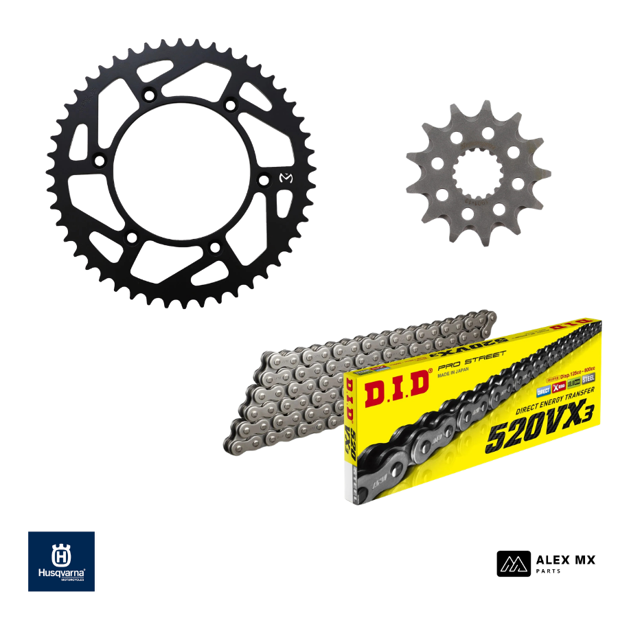 kit chaîne Husqvarna FE 450 et 501 2017 à 2027 avec chaîne DID VX3, pignon Supersprox et couronne Moose Racing pour enduro et hard enduro haute performance