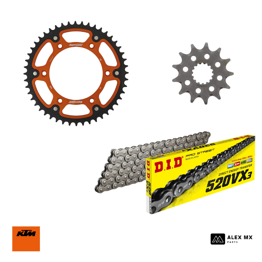 kit chaîne KTM 250 et 300 EXC 2017 à 2027 avec chaîne DID VX3, pignon Supersprox et couronne bi-matière pour enduro et hard enduro haute performance