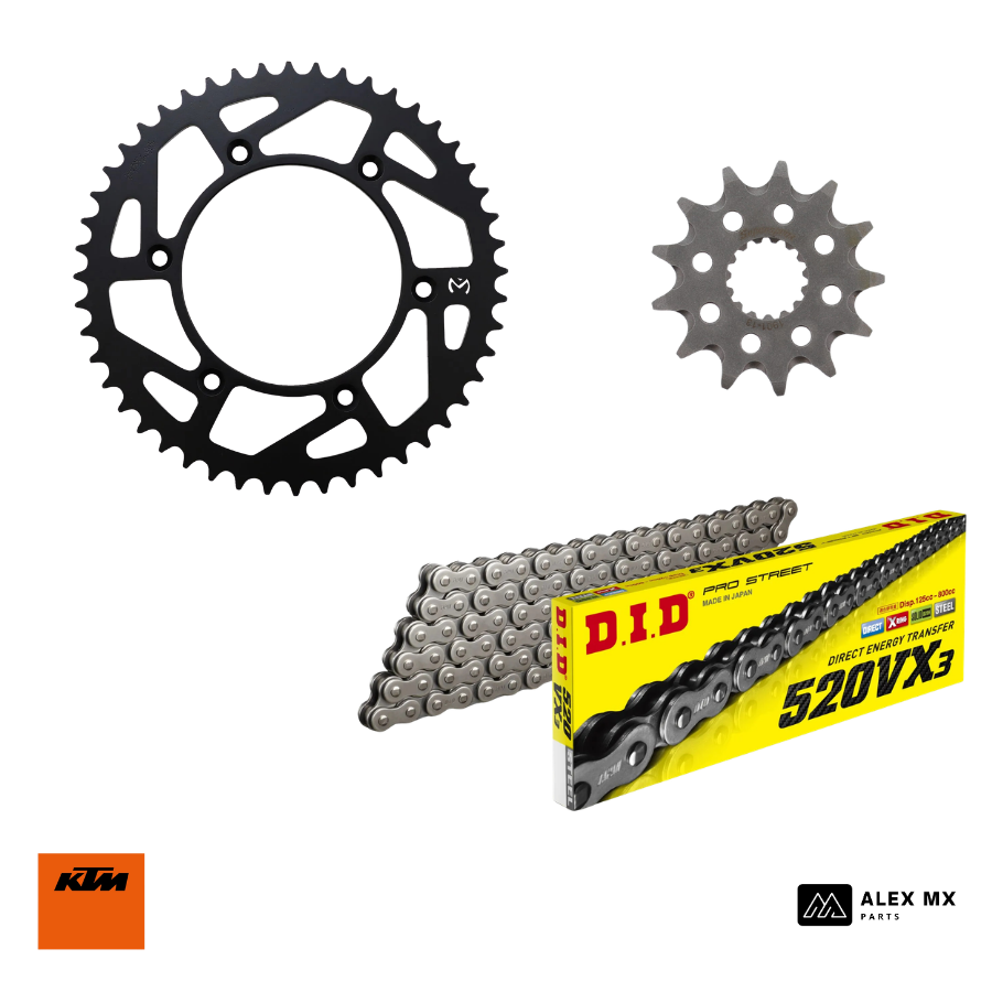kit chaîne KTM 450 EXC-F 2017 à 2027 avec chaîne DID VX3, pignon Supersprox et couronne Moose Racing pour enduro et hard enduro transmission haute résistance