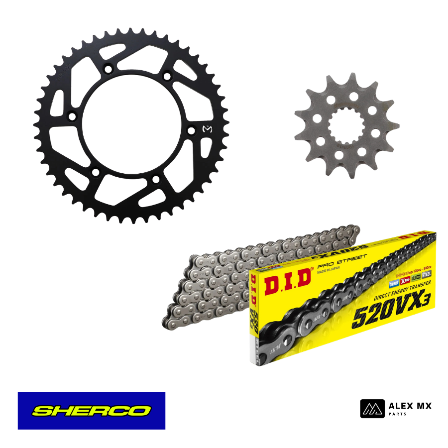 kit chaîne Sherco SEF 250 300 450 500 2010 à 2027 avec chaîne DID VX3, pignon Supersprox et couronne Moose Racing pour enduro et hard enduro haute performance