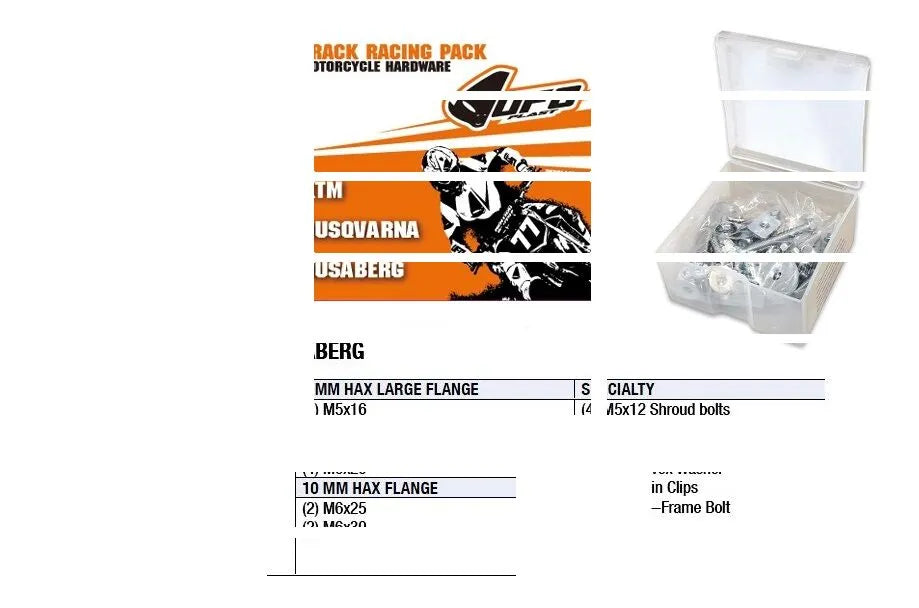 Kit de visserie Track Racing Pack UFO réf. AC02201 pour KTM et Husqvarna, assortiment de vis, boulons et rondelles