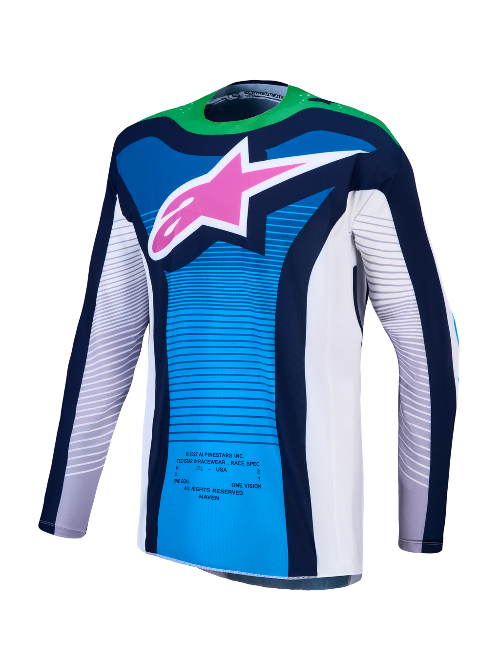Maillot Alpinestars Techstar Maven réf 3760427-2093 bleu vert fluo face