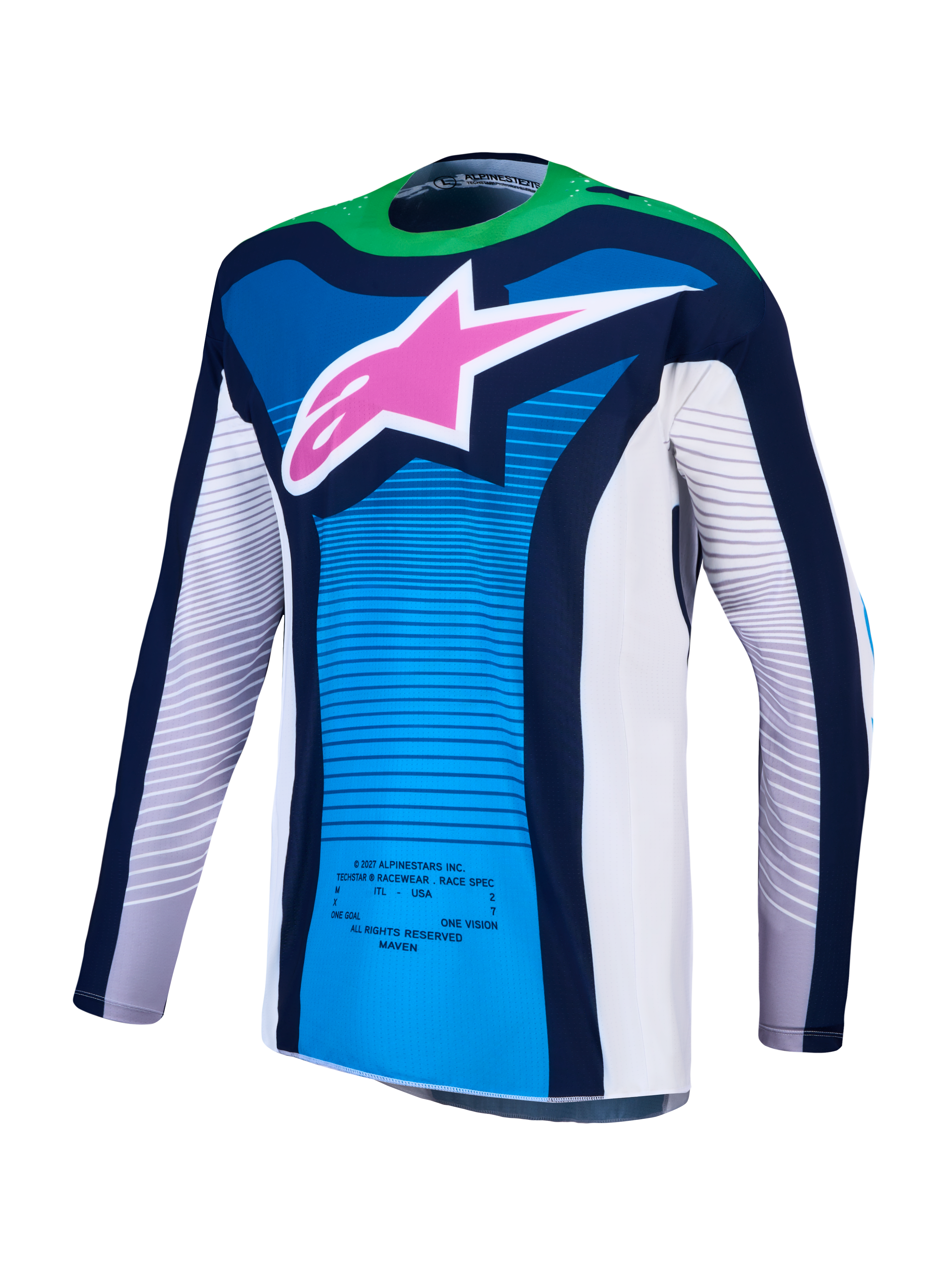 Maillot Alpinestars Techstar Maven réf 3760427-2093 bleu vert fluo face