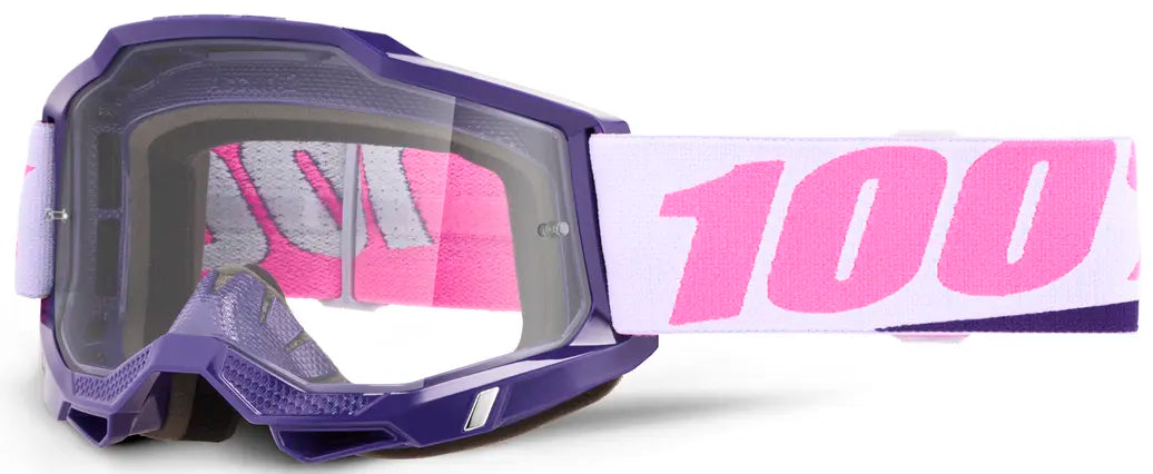 Masque motocross 100% Accuri 2 violet et rose écran clair vue de profil